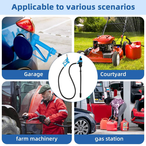 Electric Drum Barrel Pump shown in various applications including garage, courtyard, farm machinery, and gas station settings.