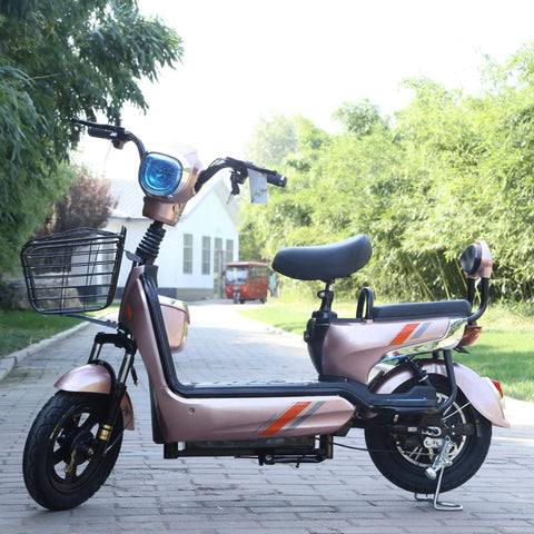 Electric bike with 14X2.125 Tubeless Tire, angled valve for 14 Inch folding e-bike and e-scooters, parked on a pathway.