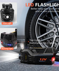 Electric Car Jack 5 Ton 12V Floor Jack With Inflator Pump Portable Hydraulic Lift For Cars SUVs Sedans MPVs Tire Change LED Light Your Go To Tire Replacement And Home Garage Use FEANISIFEI standing beside car tire with LED light on