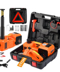All In One 5 Ton Electric Car Jack Kit With 12V Portable Hydraulic Floor Jack Impact Wrench Tire Inflator Pump And LED Light For SUVs And Sedans Lifting Height 6 To 17.7 Inches Fast Lift For Quick Tire Changes shown in open case with accessories