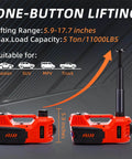 5 Ton Electric Car Jack Kit With 12V Hydraulic Floor Jack Built In Impact Wrench And Tire Inflator LED Light Quick Lift To 17.7 Inches Stable Non Slip Cross Groove Ideal For SUV Sedan Truck Roadside Tire Change display with lifting range and vehicles.