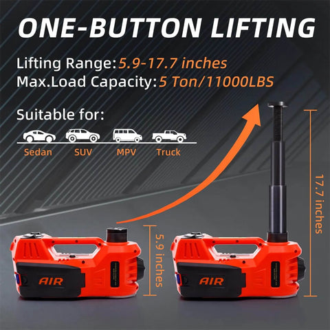 5 Ton Electric Car Jack Kit With 12V Hydraulic Floor Jack Built In Impact Wrench And Tire Inflator LED Light Quick Lift To 17.7 Inches Stable Non Slip Cross Groove Ideal For SUV Sedan Truck Roadside Tire Change display with lifting range and vehicles.