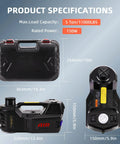 Specifications and dimensions of Electric Car Jack 5 Ton 12V Floor Jack With Inflator Pump, including carrying case image.