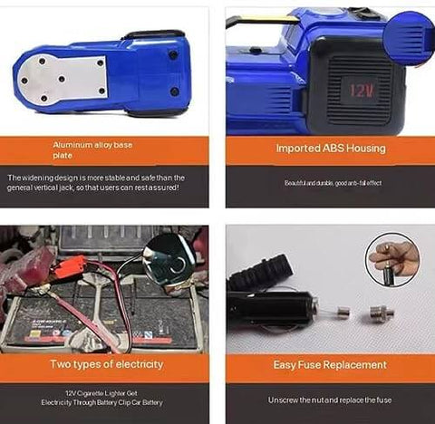 Portable Electric Car Jack And Tire Change Kit for SUVs with aluminum base, ABS housing, uses cigarette lighter or battery, easy fuse replacement.
