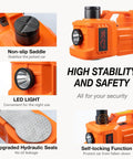 5-Ton Electric Car Jack Kit With Hydraulic Lift, Tire Inflator, And Impact Wrench showing LED light and non-slip saddle