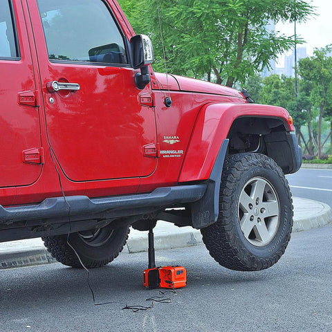 Red SUV lifted by Electric Car Jack Kit With Hydraulic Lift And Dual Power Mode, Bright LED Light, And Built In Tire Inflation