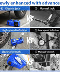 Comparison of Powerful 5 Ton 12V Electric Car Jack Kit with Built In Inflator and Impact Wrench against manual tools for vehicles.