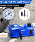 Powerful 5 Ton 12V Electric Car Jack Kit With Built In Inflator And Impact Wrench Heavy Duty Hydraulic Floor Jack For SUV Sedan Truck Lifts Vehicles Fast In Minutes Complete Auto Repair Tool Set In Durable Blue inflating a tire with gauge and extra nozzles.