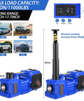 Powerful 5 Ton 12V Electric Car Jack Kit with Built In Inflator and Impact Wrench shown with dimensions and lifting range for SUV, sedan, truck.