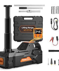 Low Profile 5 Ton 12V Electric Car Jack Kit With Built In Inflator LED Light And Wrench Ultra Low 4 Point 7 Inch Start Height To 17 Point 7 Inch Lift For SUVs Sedans Trucks And EVs Easy Tire Changes And Garage Repairs, showing components and carrying case.