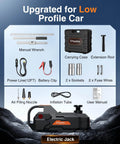 Low Profile 5 Ton 12V Electric Car Jack Kit with Built In Inflator LED Light and Wrench; kit components displayed