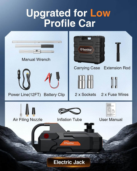 Low Profile 5 Ton 12V Electric Car Jack Kit with Built In Inflator LED Light and Wrench; kit components displayed