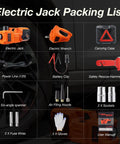 5-Ton Electric Car Jack Kit With Hydraulic Lift, Tire Inflator, And Impact Wrench packing list including tools and accessories