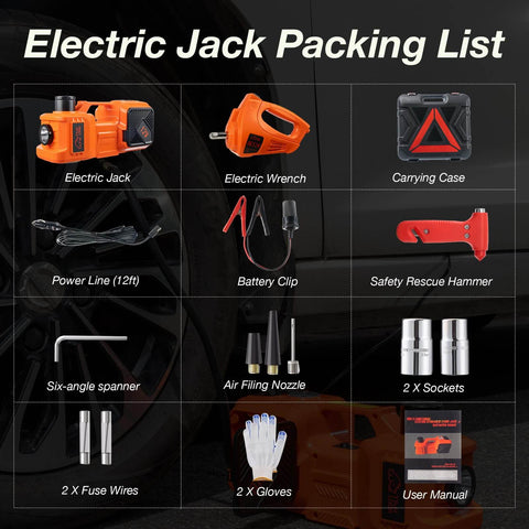 5-Ton Electric Car Jack Kit With Hydraulic Lift, Tire Inflator, And Impact Wrench packing list including tools and accessories