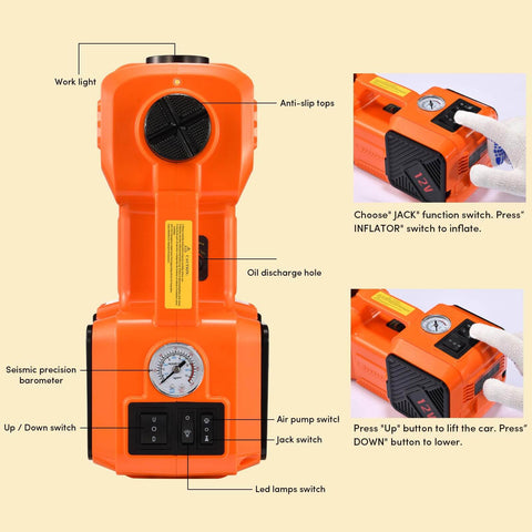 All In One 5 Ton Electric Car Jack Kit With 12V Portable Hydraulic Floor Jack Impact Wrench Tire Inflator Pump And LED Light detail view with controls and features for SUVs and sedans