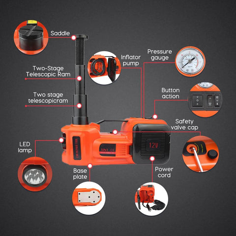Electric Car Jack Kit With Hydraulic Lift And Dual Power Mode, Bright LED Light, Built In Tire Inflation features diagram