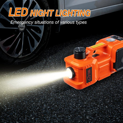 5-Ton Electric Car Jack Kit With Hydraulic Lift, Tire Inflator, And Impact Wrench, LED light in use beside car tire