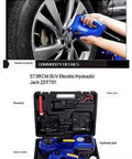 Portable Electric Car Jack And Tire Change Kit showcasing a hydraulic jack in use and a complete tool case set for SUVs.