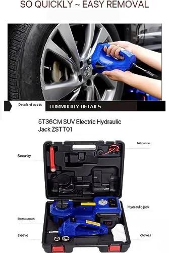 Portable Electric Car Jack And Tire Change Kit showcasing a hydraulic jack in use and a complete tool case set for SUVs.