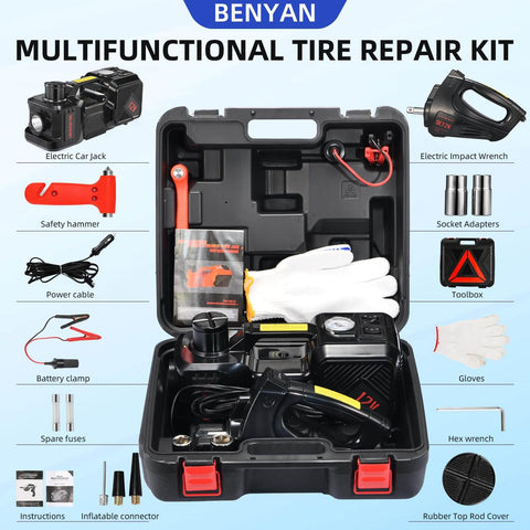 5 Ton Electric Car Jack Kit With 12V Hydraulic Floor Jack Lift Built In Inflator And Impact Wrench Auto Repair Tool Set