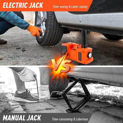 Comparison of Electric Car Jack Kit 5 Ton 12V Hydraulic Floor Jack with manual jack for SUV tire change
