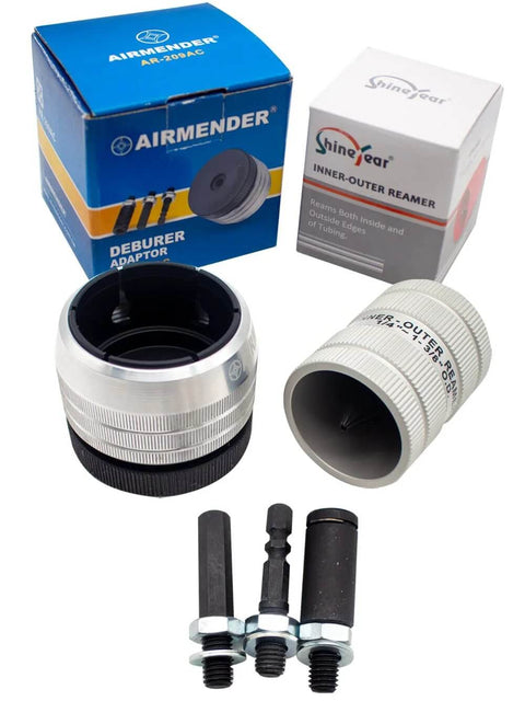 Electric Reamer For Copper Tubes 6mm To 35mm Chamfer Deburr Tool With Internal And External Chamfering Convertible Head shown with components