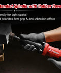 Using Electric Die Grinder With One Quarter Inch Collet 28000 RPM Heavy Duty Straight Grinder on metal, ergonomic rubber grip visible.