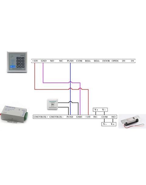 Wiring diagram for Heavy Duty 12V DC Electric Door Strike Lock With Fail Safe And Fail Secure Modes for access control systems.