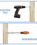 Electric drill and screwdriver being used on wood showing application of 16 Pack Flat Plate Straight Brackets 40MM Stainless Steel Flat Metal Braces.