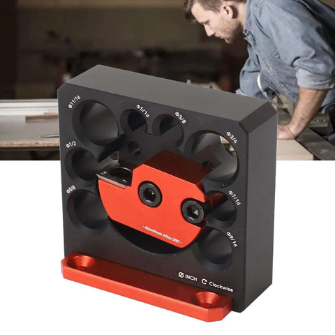 Dowel Maker Jig Kit For Woodworking That Diyers Love Electric Drill Dowel Cutter With Eight Hole Guide Adjustable Five Sixteenth To Three Quarter Inch Dowel Plate Carbide Inserts For Smooth Cuts And Long Lasting Performance shown on a workshop table.