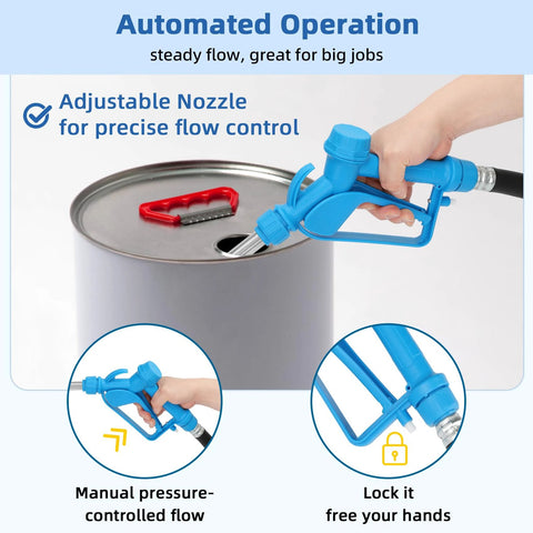 Person using an Electric Drum Barrel Pump, 12V DC/100-240V AC Power, 55 Gallon Drum Pump with adjustable nozzle on a drum