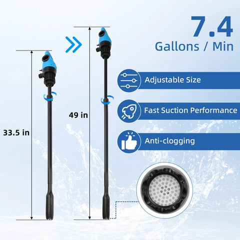 Electric Drum Barrel Pump, 12V DC/100-240V AC Power, adjustable 33.5-49 inch, 55 Gallon Drum Pump, anti-clogging, 7.4 GPM Flow Rate