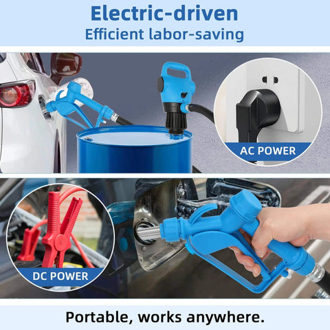 Electric Drum Barrel Pump, 12V DC/100-240V AC Power, 55 Gallon Drum Pump with 2-Inch Bung Adapter, transferring fluid into car