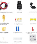 Electric Fan Relay Kit 12V 60A With Waterproof Four Pin Relay And Thermostat Control Switch components including relay, fuse holder, thermostat switch, and wiring diagram.