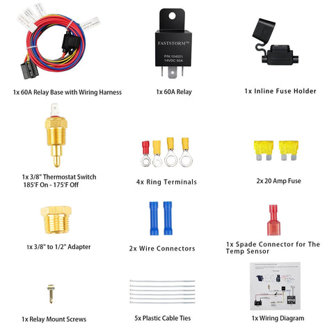 Electric Fan Relay Kit 12V 60A With Waterproof Four Pin Relay And Thermostat Control Switch components including relay, fuse holder, thermostat switch, and wiring diagram.