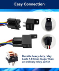 Close-up of Electric Fan Relay Kit 12V 60A with waterproof relay, four pins, wiring harness, and thermostat for radiator cooling.