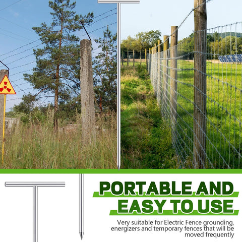 2 Pack 36 Inch T Handle Galvanized Ground Rods Half Inch Diameter 3 Foot Long For Electric Fence And Industrial Power Setups Chemical Industry Use Heavy Duty Grounding Multi Point Grounding Durable Zinc Coated Rods shown with electric fence application.