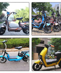 Four electric folding bikes with 14X2.125 tubeless tire and angled valve in various colors displayed outdoors.