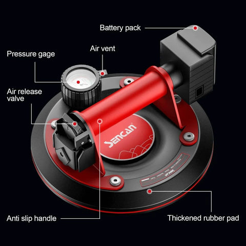 8-Inch Glass Suction Cup With Metal Handle, Electric Vacuum Lifter Clamp, detailed view of components including battery pack and pressure gage