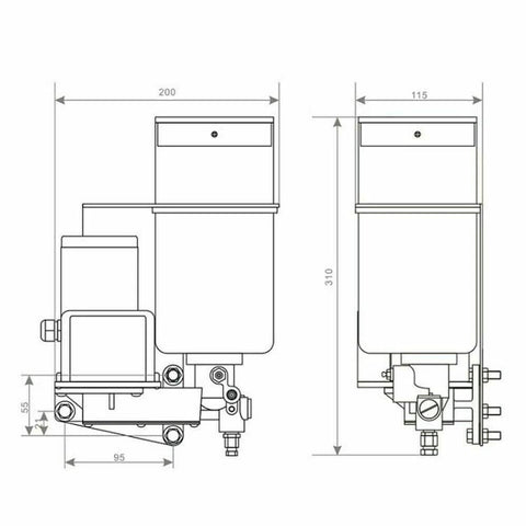 Technical drawing of Heavy Duty Electric Grease Pump 15W, 2L Capacity, 24V Auto Lubrication System, dimensions shown