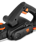 Front view of the Powerful 3.8 Amp Electric Hand Planer with a 2-3/8 inch width smooths rough boards, squares edges, lightweight design.