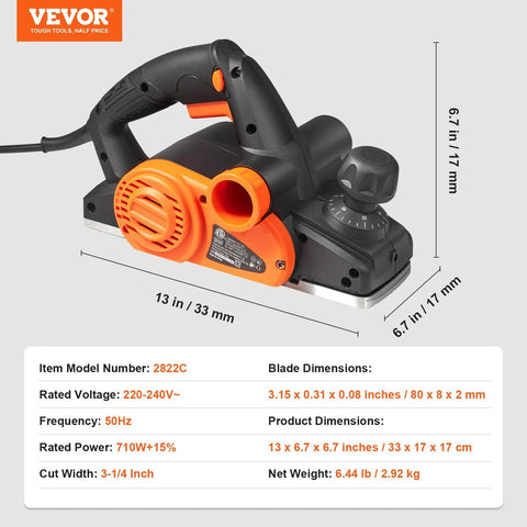 Powerful 710W handheld planer delivers 16500 RPM for fast, precise wood smoothing, shown with dimensions and features list.