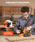 Man using 7 Amp corded electric hand planer on wood, featuring 3 and 1 quarter inch cut width and knob adjustment for depth.