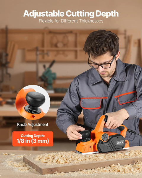 Man using 7 Amp corded electric hand planer on wood, featuring 3 and 1 quarter inch cut width and knob adjustment for depth.