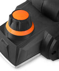 Close-up of the Powerful 3.8 Amp Electric Hand Planer with a 2-3/8 inch width, showing adjustable depth knob at 1/16 inch setting.