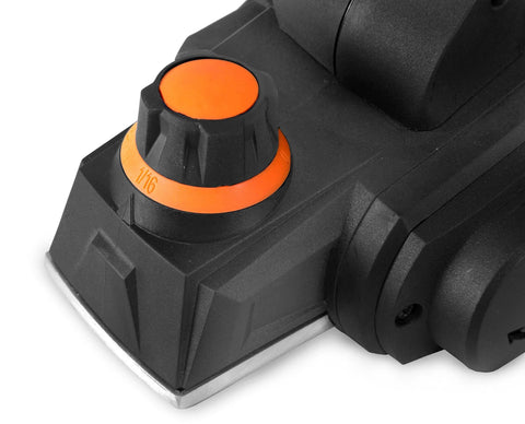 Close-up of the Powerful 3.8 Amp Electric Hand Planer with a 2-3/8 inch width, showing adjustable depth knob at 1/16 inch setting.