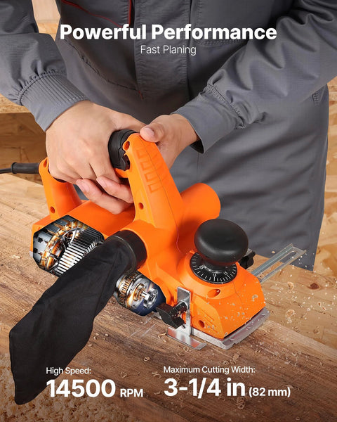 Effortlessly smooths stock, edges, and chamfers with a 7 Amp corded electric hand planer, featuring a 3 and 1 quarter inch cut width, 16800 RPM, adjustable depth, and dual blades for precise removal and a durable professional finish.