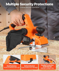 Effortlessly smooths stock, edges, and chamfers with a 7 Amp corded electric hand planer in use on wood surface.