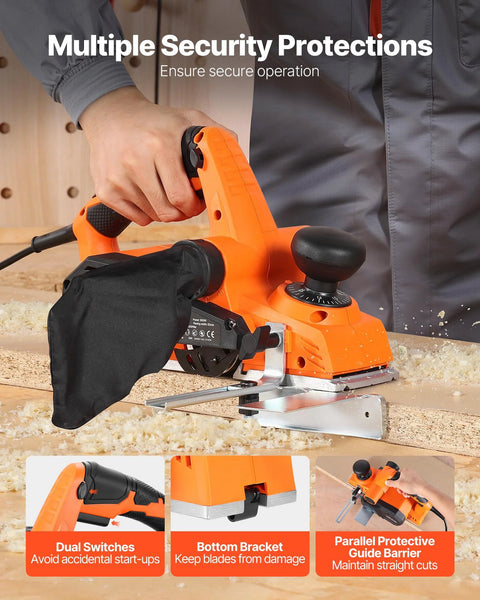 Effortlessly smooths stock, edges, and chamfers with a 7 Amp corded electric hand planer in use on wood surface.