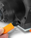 Side view of a powerful 3.8 Amp electric hand planer with a 2-3/8 inch width and plastic adjustment tool, showing depth adjustment.